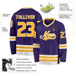 Personalized Purple Gold-White Hockey Jersey Team Custom Name and Number