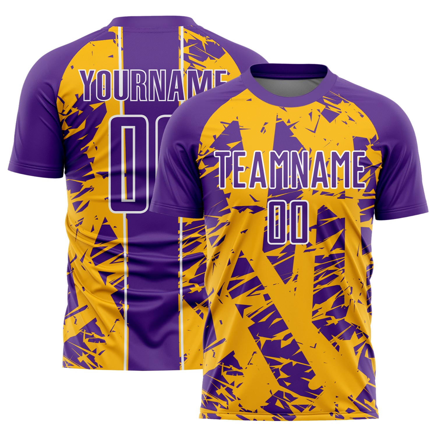 Personalized Purple Gold-White Irregular Shapes Sublimation Soccer Uniform Jersey Team Custom Name and Number