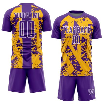 Personalized Purple Gold-White Irregular Shapes Sublimation Soccer Uniform Jersey Team Custom Name and Number