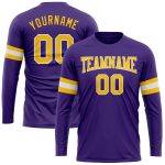 Personalized Purple Gold-White Long Sleeve Performance T-Shirt Team Custom Name and Number