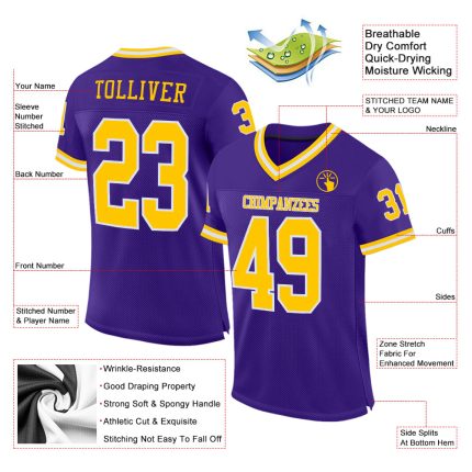 Personalized Purple Gold-White Mesh Authentic Throwback Football Jersey Team Custom Name and Number