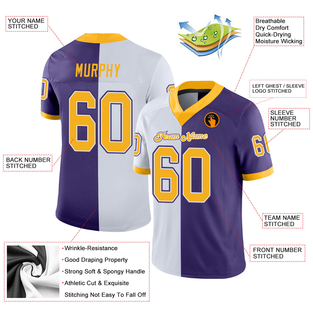 Personalized Purple Gold-White Mesh Split Fashion Football Jersey Team Custom Name and Number Personalized Purple Gold-White Mesh Split Fashion Football Jersey Team Custom Name and Number - Image 3
