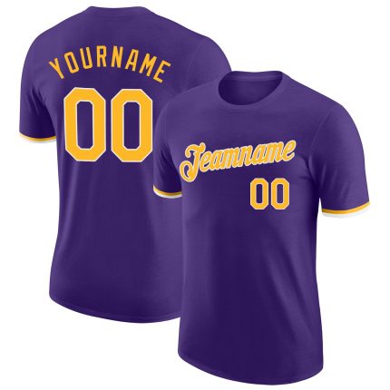 Personalized Purple Gold-White Performance T-Shirt Team Custom Name and Number