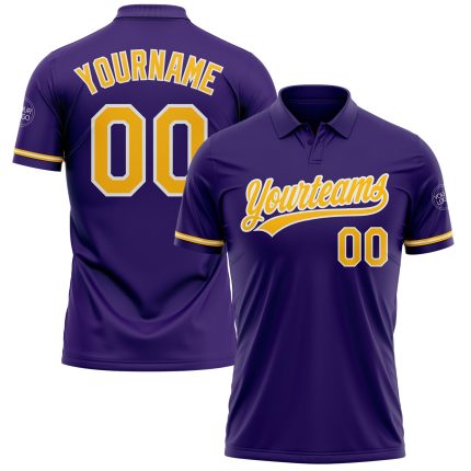 Personalized Purple Gold-White Performance Vapor Golf Polo Shirt Team Custom Name and Number