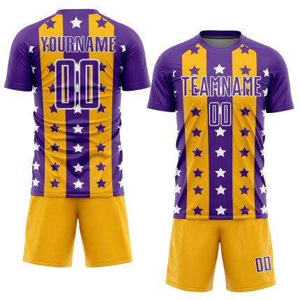 Personalized Purple Gold-White Stars And Stripes Sublimation Soccer Uniform Jersey Team Custom Name and Number