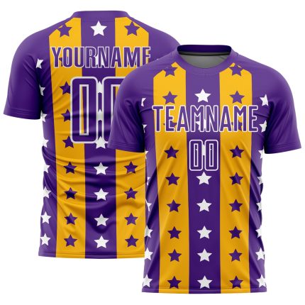 Personalized Purple Gold-White Stars And Stripes Sublimation Soccer Uniform Jersey Team Custom Name and Number