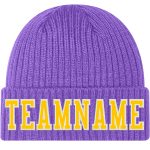 Personalized Purple Gold-White Stitched Cuffed Knit Hat Team Custom Name and Number