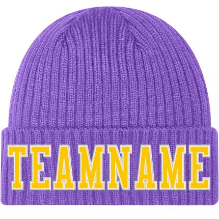 Personalized Purple Gold-White Stitched Cuffed Knit Hat Team Custom Name and Number
