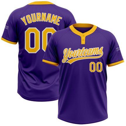 Personalized Purple Gold-White Two-Button Unisex Softball Jersey Team Custom Name and Number