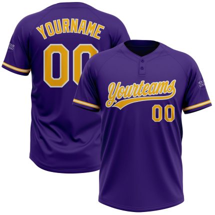 Personalized Purple Gold-White Two-Button Unisex Softball Jersey