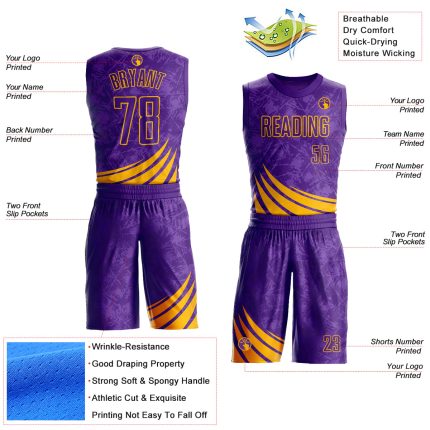 Personalized Purple Gold Wind Shapes Round Neck Sublimation Basketball Suit Jersey Team Custom Name and Number