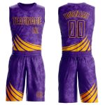 Personalized Purple Gold Wind Shapes Round Neck Sublimation Basketball Suit Jersey Team Custom Name and Number