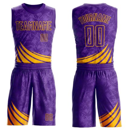 Personalized Purple Gold Wind Shapes Round Neck Sublimation Basketball Suit Jersey Team Custom Name and Number