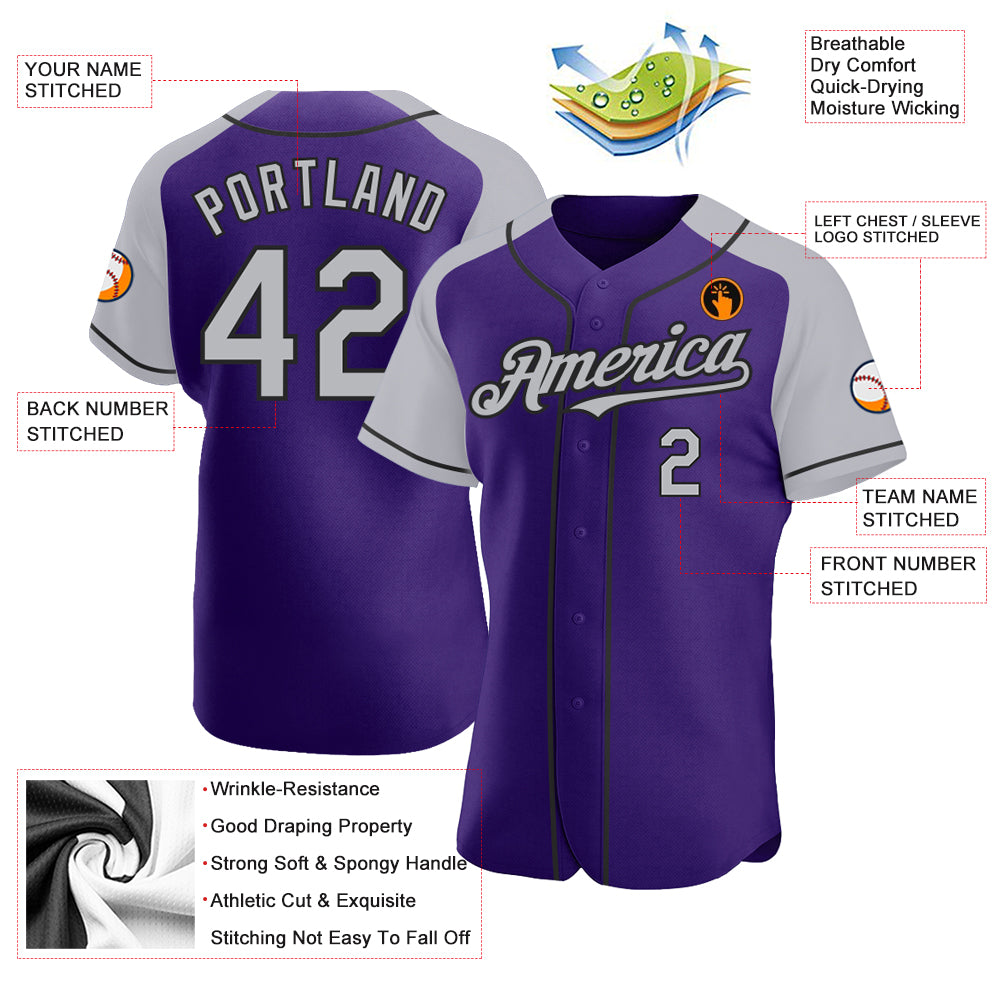 Personalized Purple Gray-Black Authentic Raglan Sleeves Baseball Jersey Team Custom Name and Number Personalized Purple Gray-Black Authentic Raglan Sleeves Baseball Jersey Team Custom Name and Number - Image 3