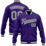 Personalized Purple Gray-Black Bomber Full-Snap Varsity Letterman Jacket Team Custom Name and Number
