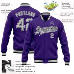 Personalized Purple Gray-Black Bomber Full-Snap Varsity Letterman Jacket Team Custom Name and Number