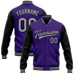 Personalized Purple Gray-Black Bomber Full-Snap Varsity Letterman Two Tone Jacket Team Custom Name and Number