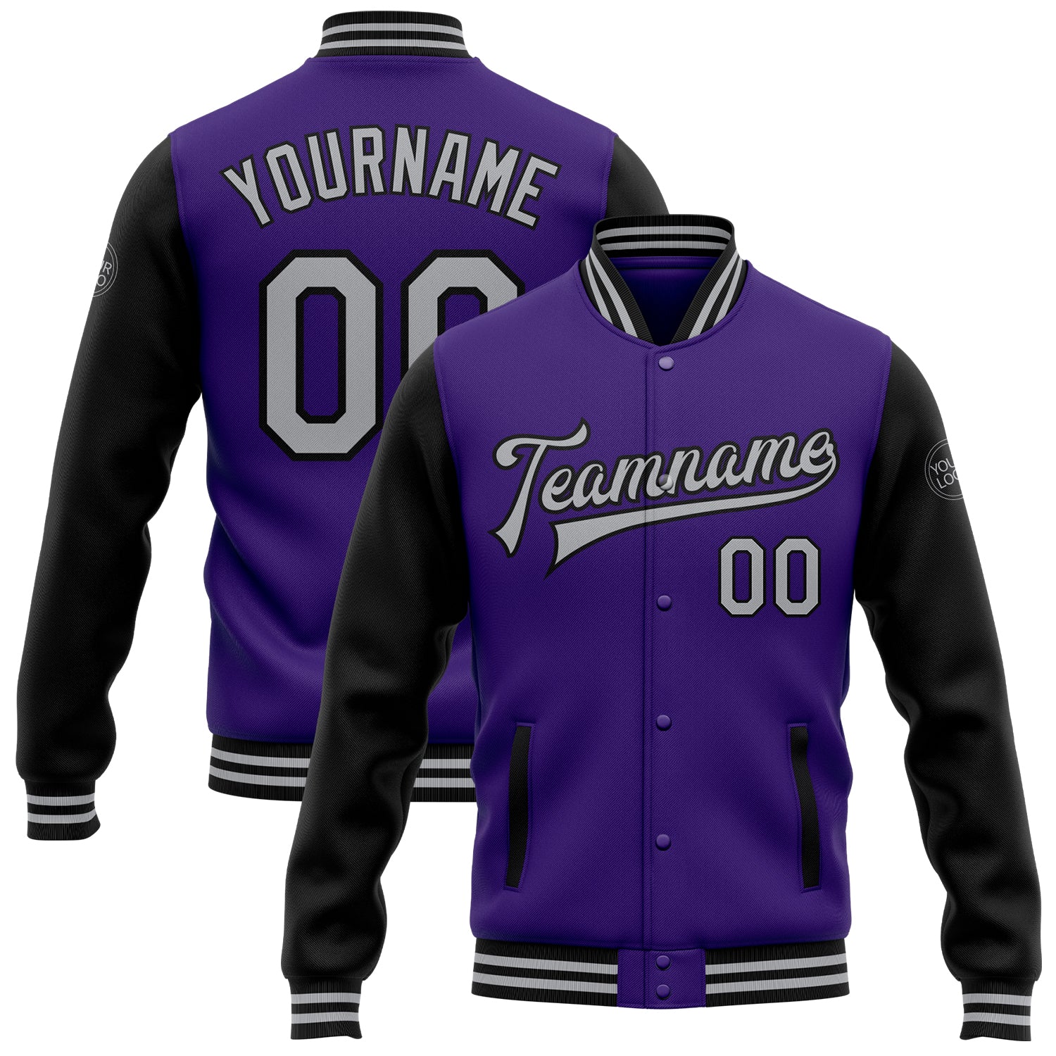 Personalized Purple Gray-Black Bomber Full-Snap Varsity Letterman Two Tone Jacket Team Custom Name and Number