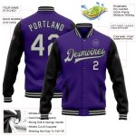 Personalized Purple Gray-Black Bomber Full-Snap Varsity Letterman Two Tone Jacket Team Custom Name and Number