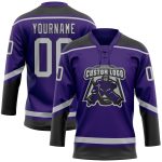 Personalized Purple Gray-Black Hockey Lace Neck Jersey Team Custom Name and Number