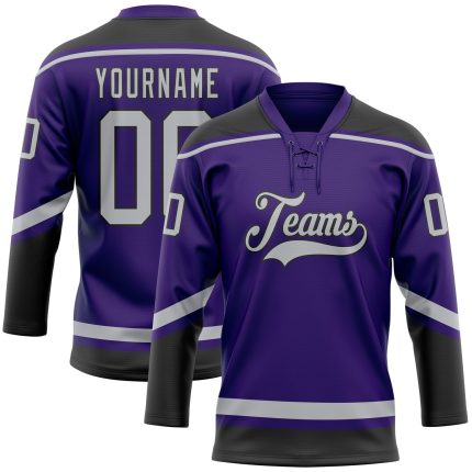 Personalized Purple Gray-Black Hockey Lace Neck Jersey Team Custom Name and Number