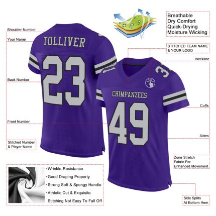 Personalized Purple Gray-Black Mesh Authentic Football Jersey