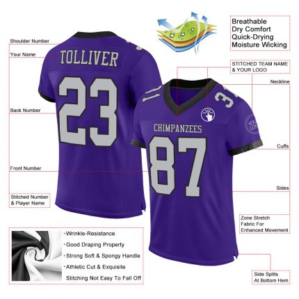 Personalized Purple Gray-Black Mesh Authentic Football Jersey Team Custom Name and Number