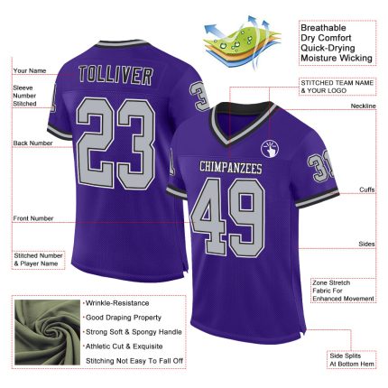 Personalized Purple Gray-Black Mesh Authentic Throwback Football Jersey Team Custom Name and Number