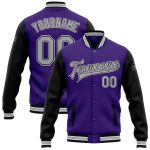 Personalized Purple Gray Black-White Bomber Full-Snap Varsity Letterman Two Tone Jacket Team Custom Name and Number