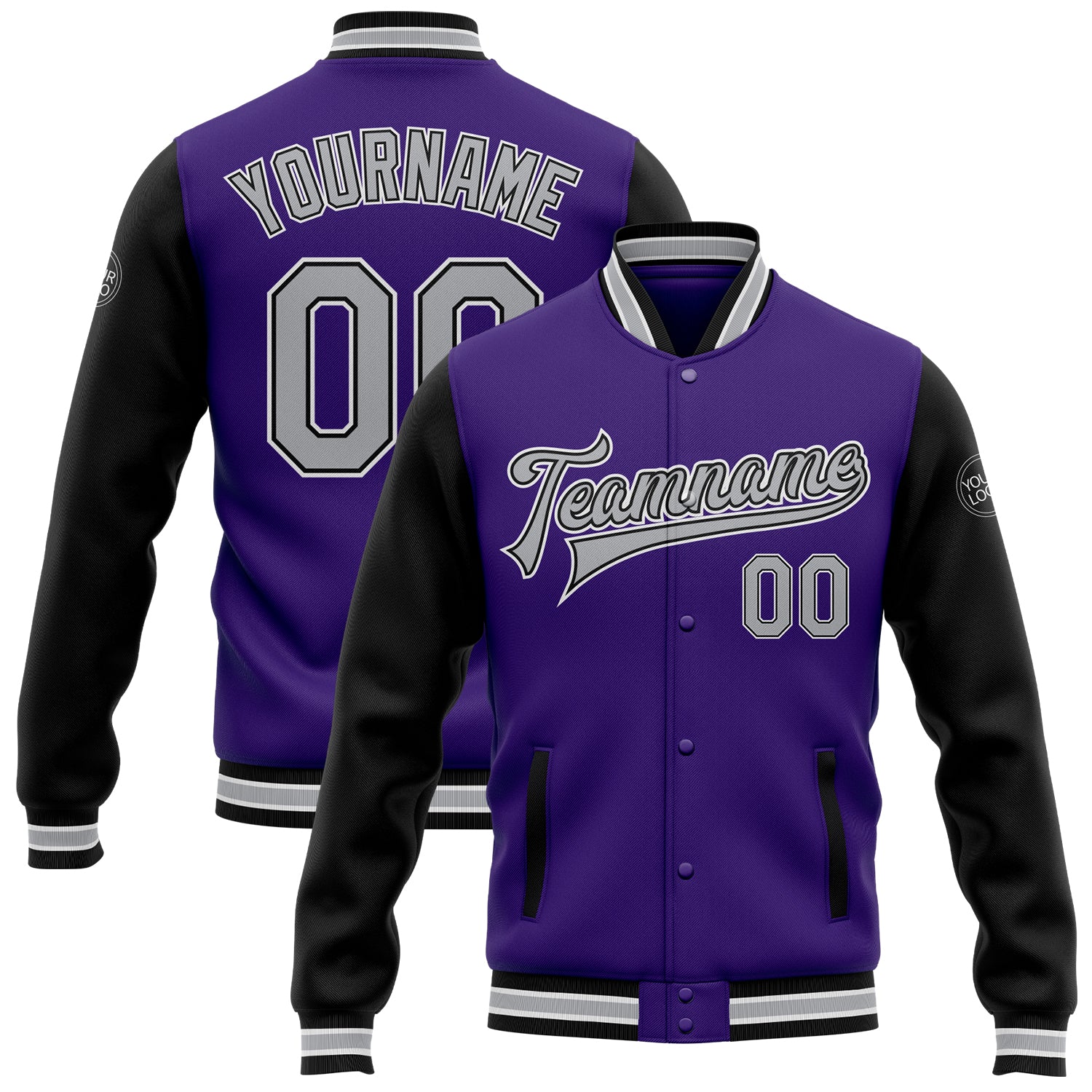Personalized Purple Gray Black-White Bomber Full-Snap Varsity Letterman Two Tone Jacket Team Custom Name and Number