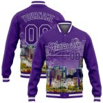 Personalized Purple Gray Denver Colorado City Edition 3D Bomber Full-Snap Varsity Letterman Jacket Team Custom Name and Number