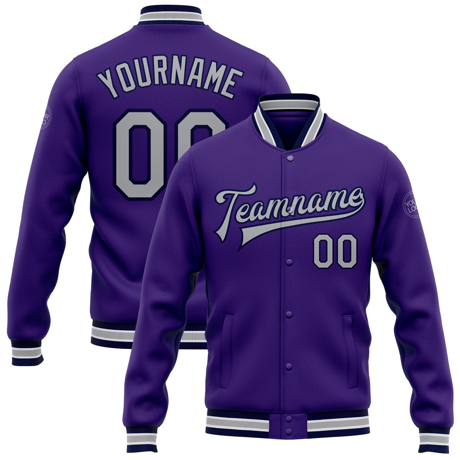 Personalized Purple Gray-Navy Bomber Full-Snap Varsity Letterman Jacket Team Custom Name and Number