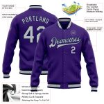 Personalized Purple Gray-Navy Bomber Full-Snap Varsity Letterman Jacket Team Custom Name and Number