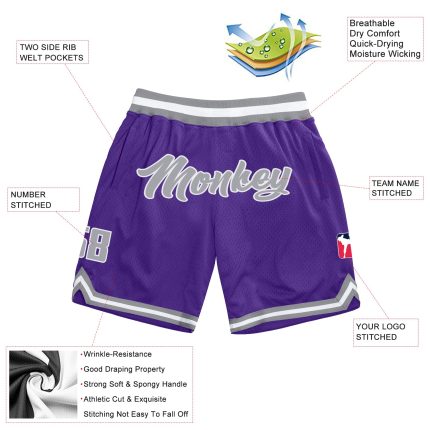 Personalized Purple Gray-White Authentic Throwback Basketball Shorts Team Custom Name and Number