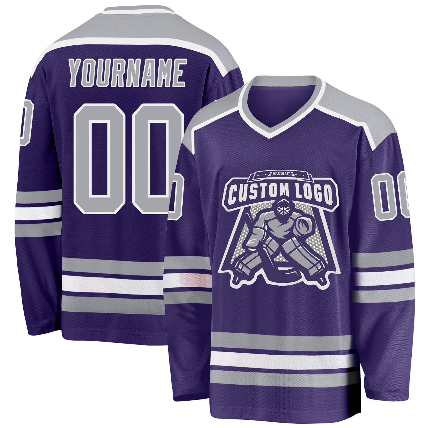 Personalized Purple Gray-White Hockey Jersey Team Custom Name and Number