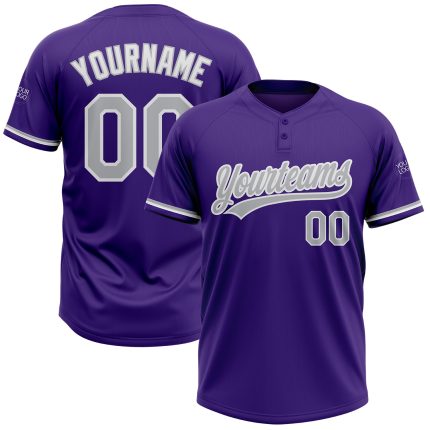 Personalized Purple Gray-White Two-Button Unisex Softball Jersey Team Custom Name and Number