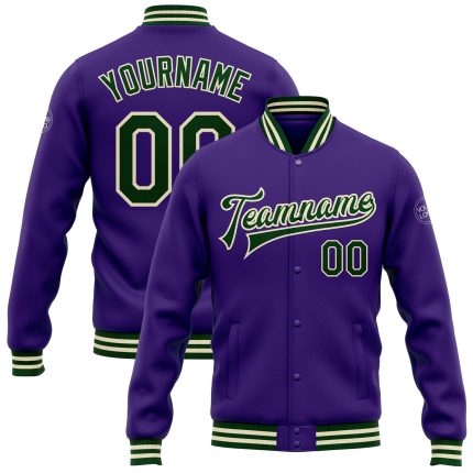 Personalized Purple Green-Cream Bomber Full-Snap Varsity Letterman Jacket Team Custom Name and Number