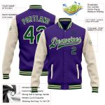 Personalized Purple Green-Cream Bomber Full-Snap Varsity Letterman Two Tone Jacket Team Custom Name and Number