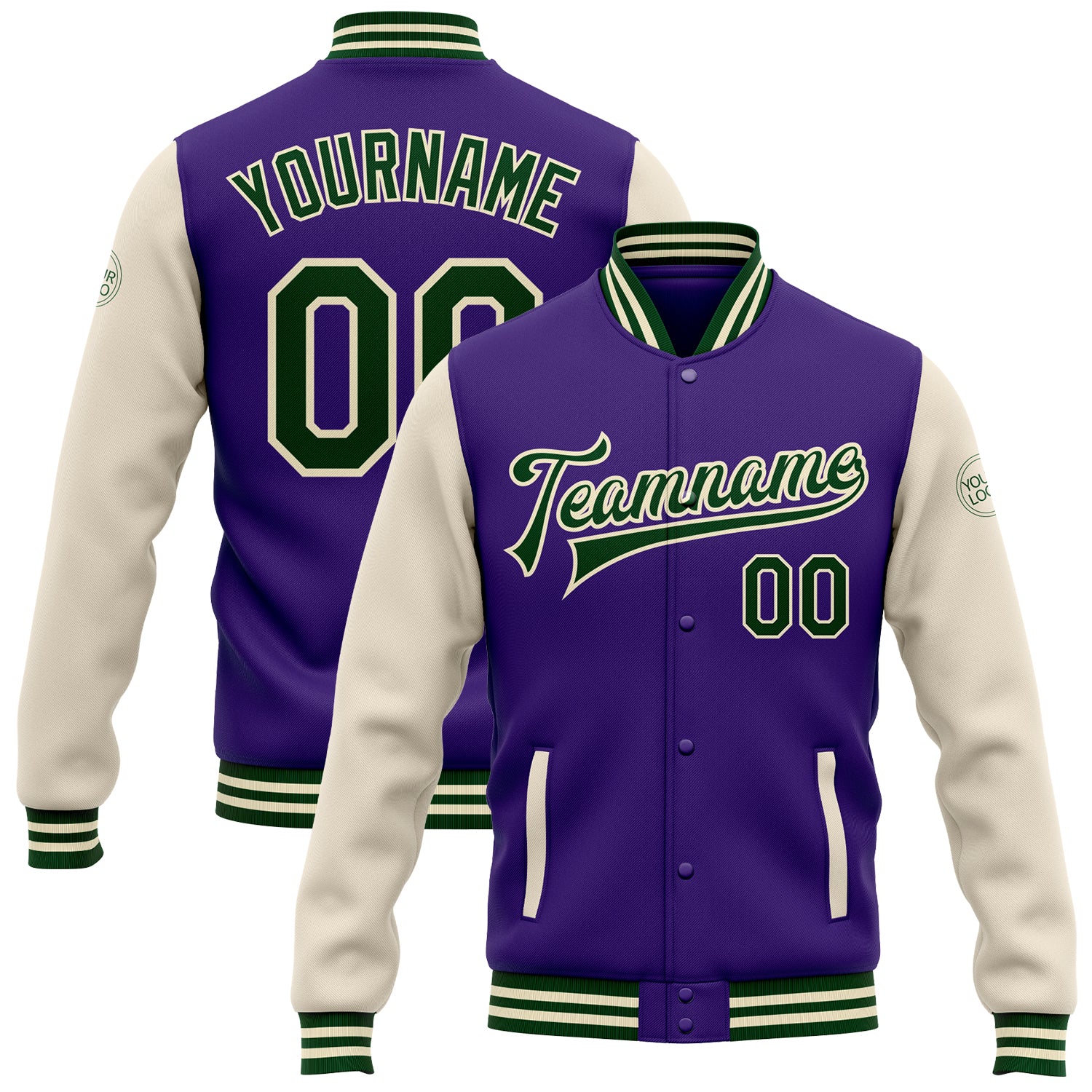 Personalized Purple Green-Cream Bomber Full-Snap Varsity Letterman Two Tone Jacket Team Custom Name and Number