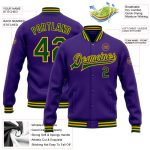 Personalized Purple Green-Gold Bomber Full-Snap Varsity Letterman Jacket Team Custom Name and Number