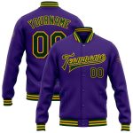 Personalized Purple Green-Gold Bomber Full-Snap Varsity Letterman Jacket Team Custom Name and Number