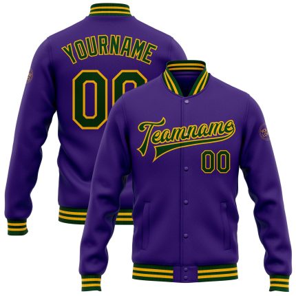Personalized Purple Green-Gold Bomber Full-Snap Varsity Letterman Jacket Team Custom Name and Number