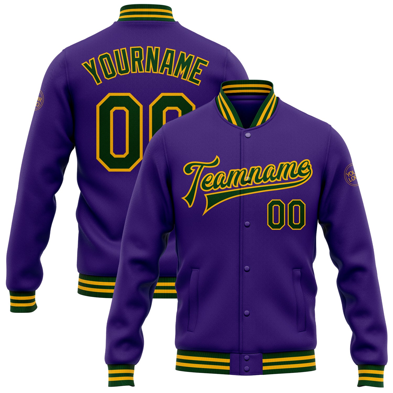 Personalized Purple Green-Gold Bomber Full-Snap Varsity Letterman Jacket Team Custom Name and Number