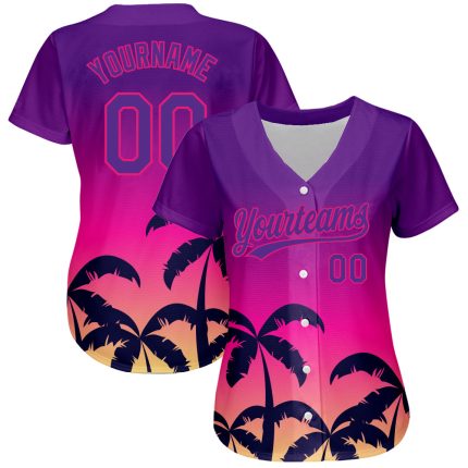 Personalized Purple Hot Pink 3D Pattern Design Hawaii Palm Trees Authentic Baseball Jersey
