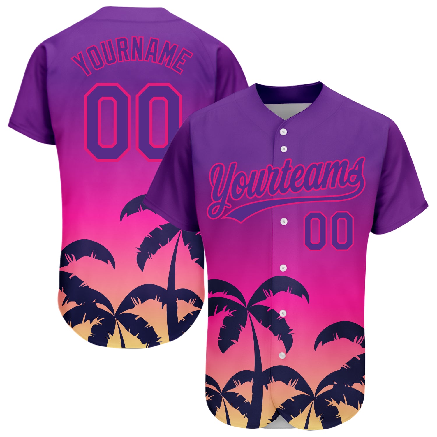Personalized Purple Hot Pink 3D Pattern Design Hawaii Palm Trees Authentic Baseball Jersey