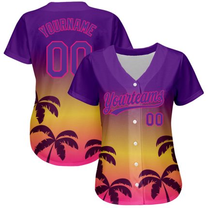 Personalized Purple Hot Pink 3D Pattern Design Hawaii Palm Trees Authentic Baseball Jersey Team Custom Name and Number