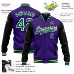 Personalized Purple Kelly Green Black-Cream Bomber Full-Snap Varsity Letterman Two Tone Jacket Team Custom Name and Number