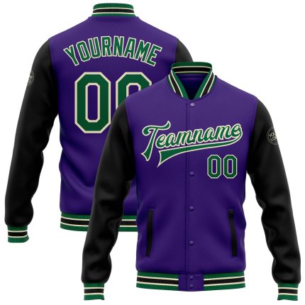 Personalized Purple Kelly Green Black-Cream Bomber Full-Snap Varsity Letterman Two Tone Jacket Team Custom Name and Number