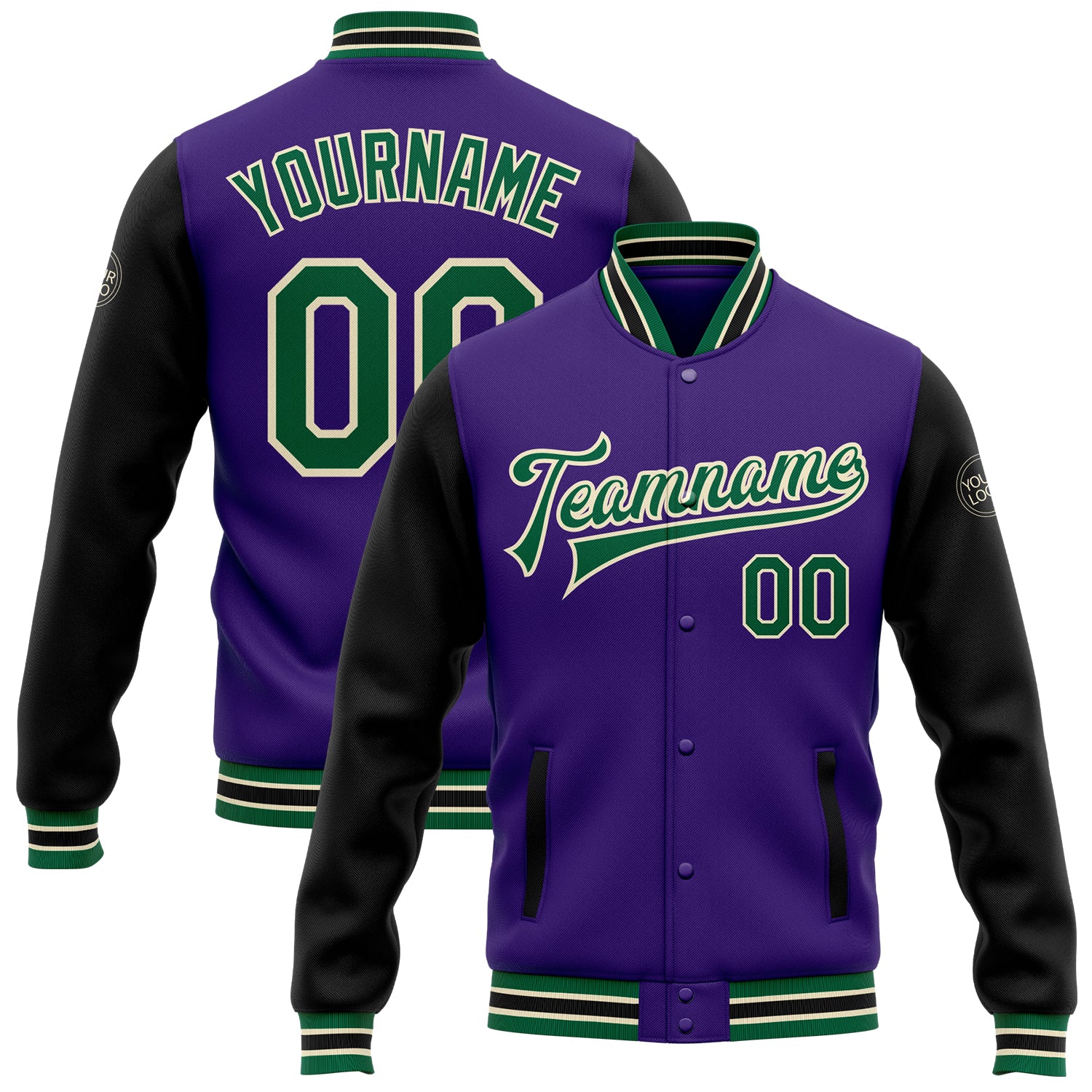 Personalized Purple Kelly Green Black-Cream Bomber Full-Snap Varsity Letterman Two Tone Jacket Team Custom Name and Number