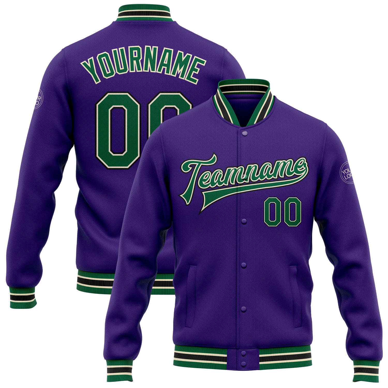 Personalized Purple Kelly Green Cream-Black Bomber Full-Snap Varsity Letterman Jacket Team Custom Name and Number
